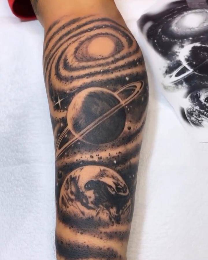 Planets and stars in space realism tattoo by BJ