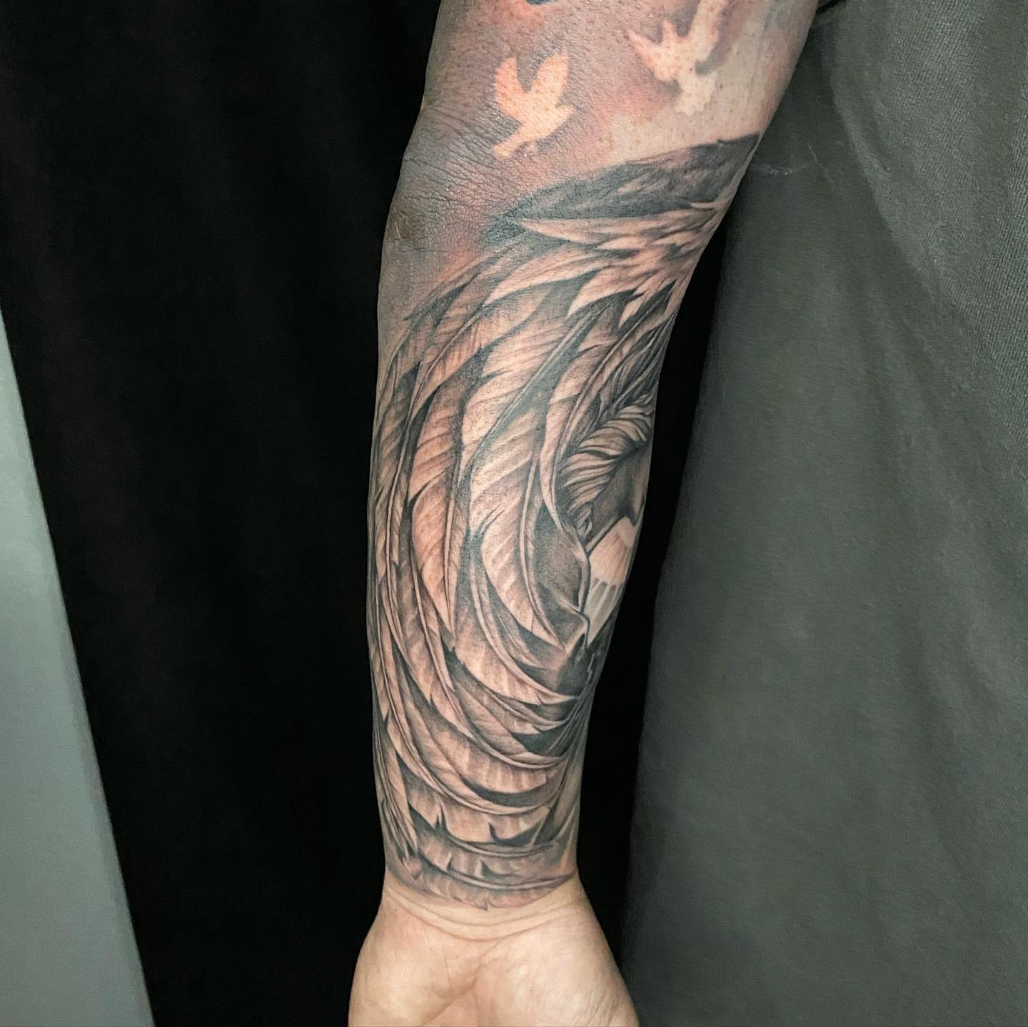 Wing realism tattoo on the forearm by Dustin Lane Collins