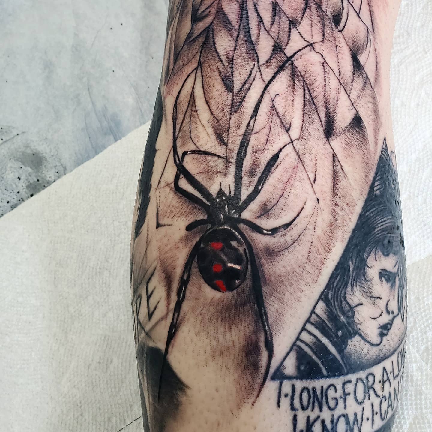 Spider realism tattoo on the forearm by David Nash, Evansville, Indiana