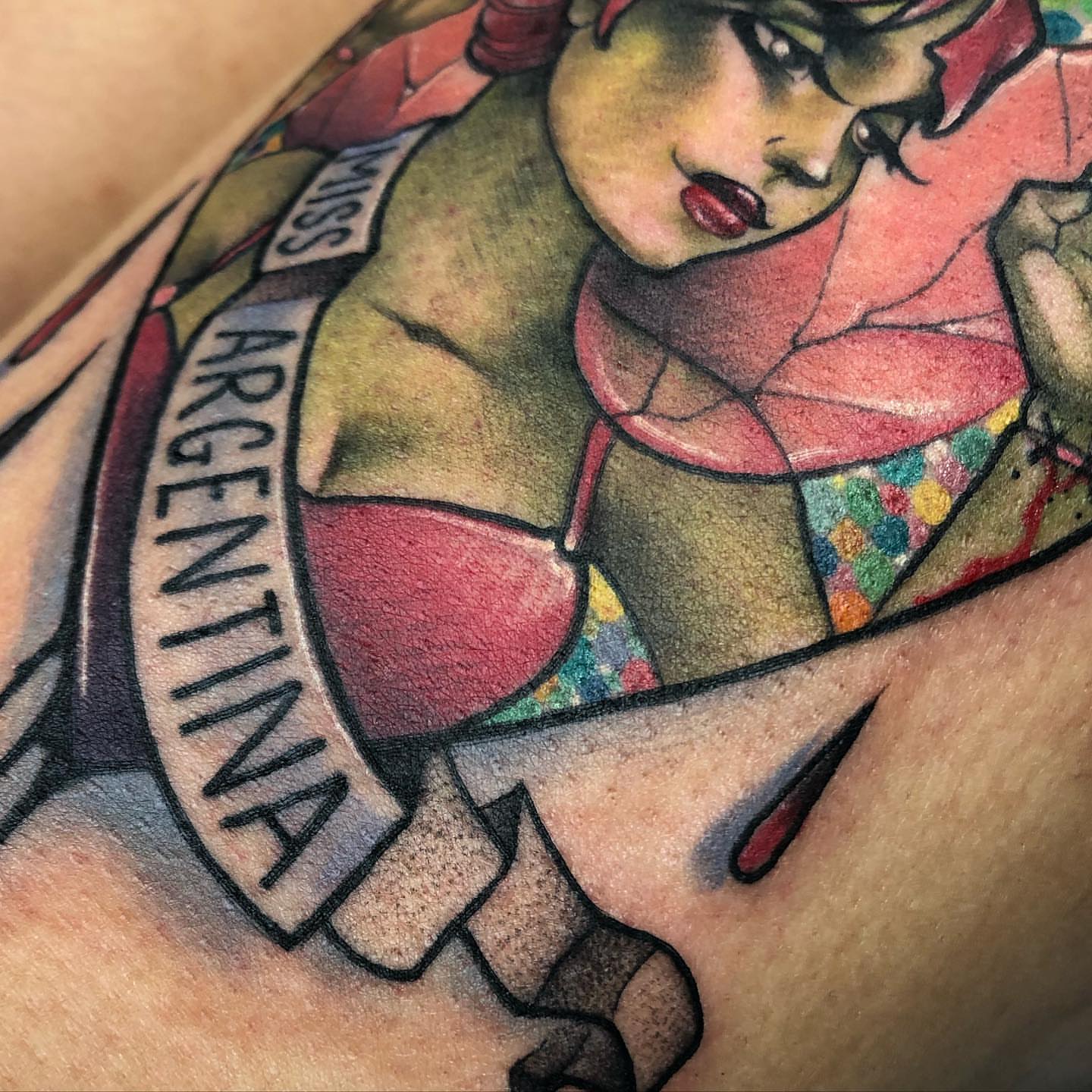 Beauty pageant contestant American traditional tattoo on the shoulder by ceci✨, Edinburg, Texas