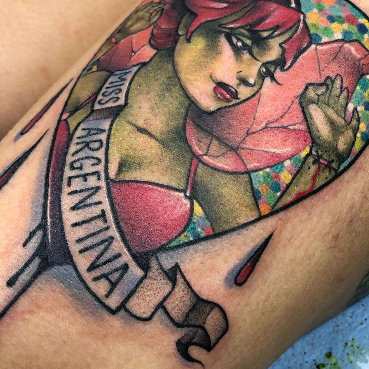 Miss argentina American traditional tattoo on the forearm by ceci✨, Edinburg, Texas