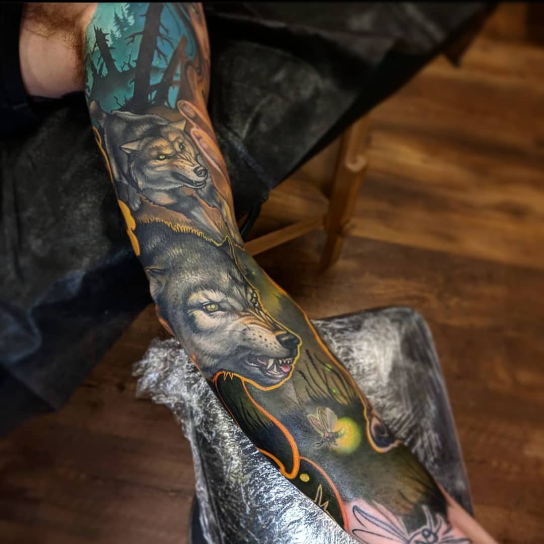 Wolf realism tattoo on the forearm by Matt Driscoll