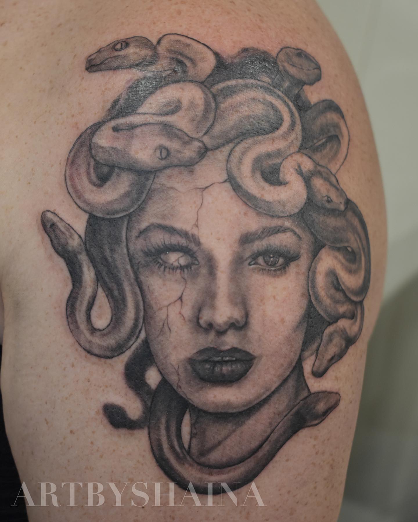 Tattoo by @artbyshaina — black_and_grey, realism
