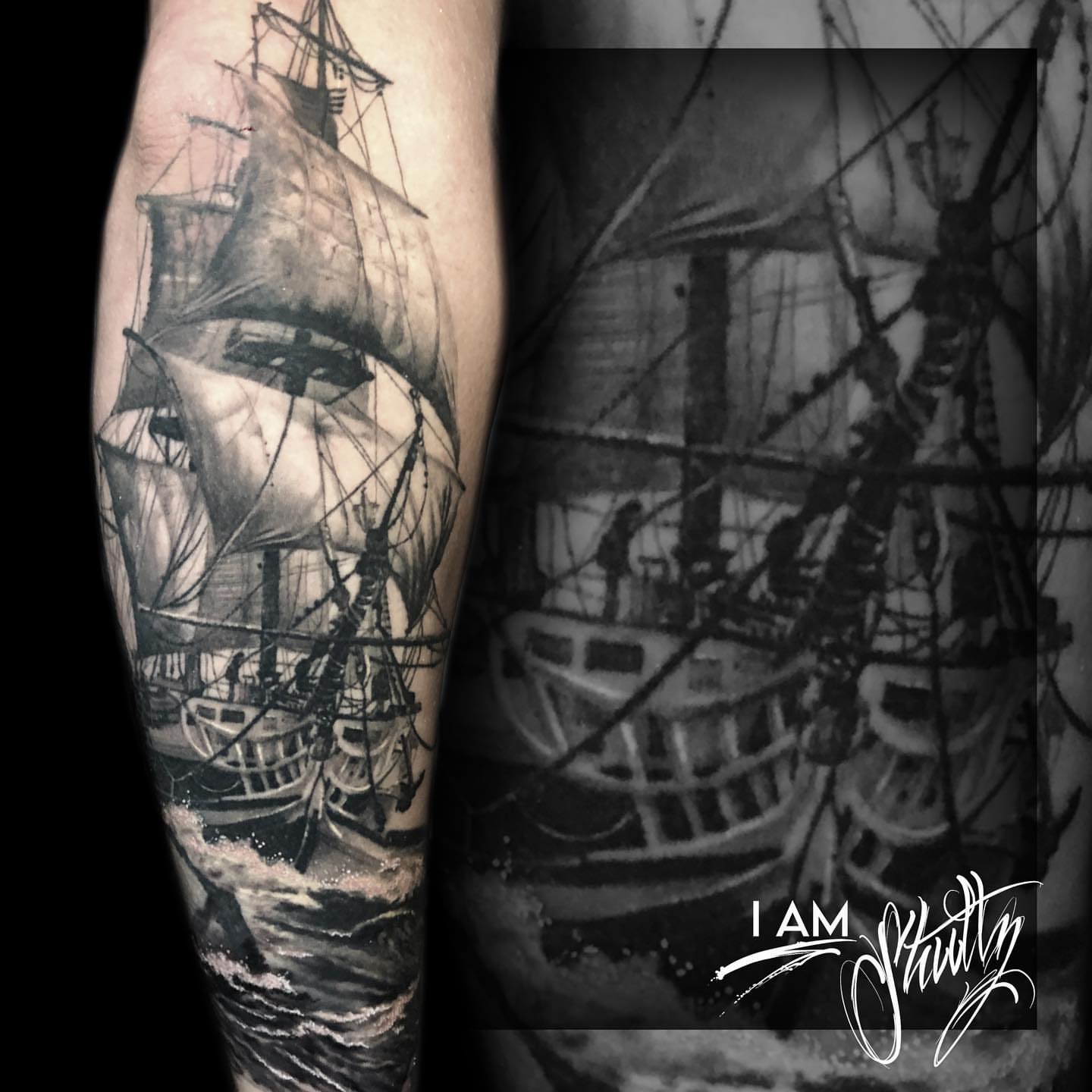 Ship realism tattoo on the forearm by Mike Shultz