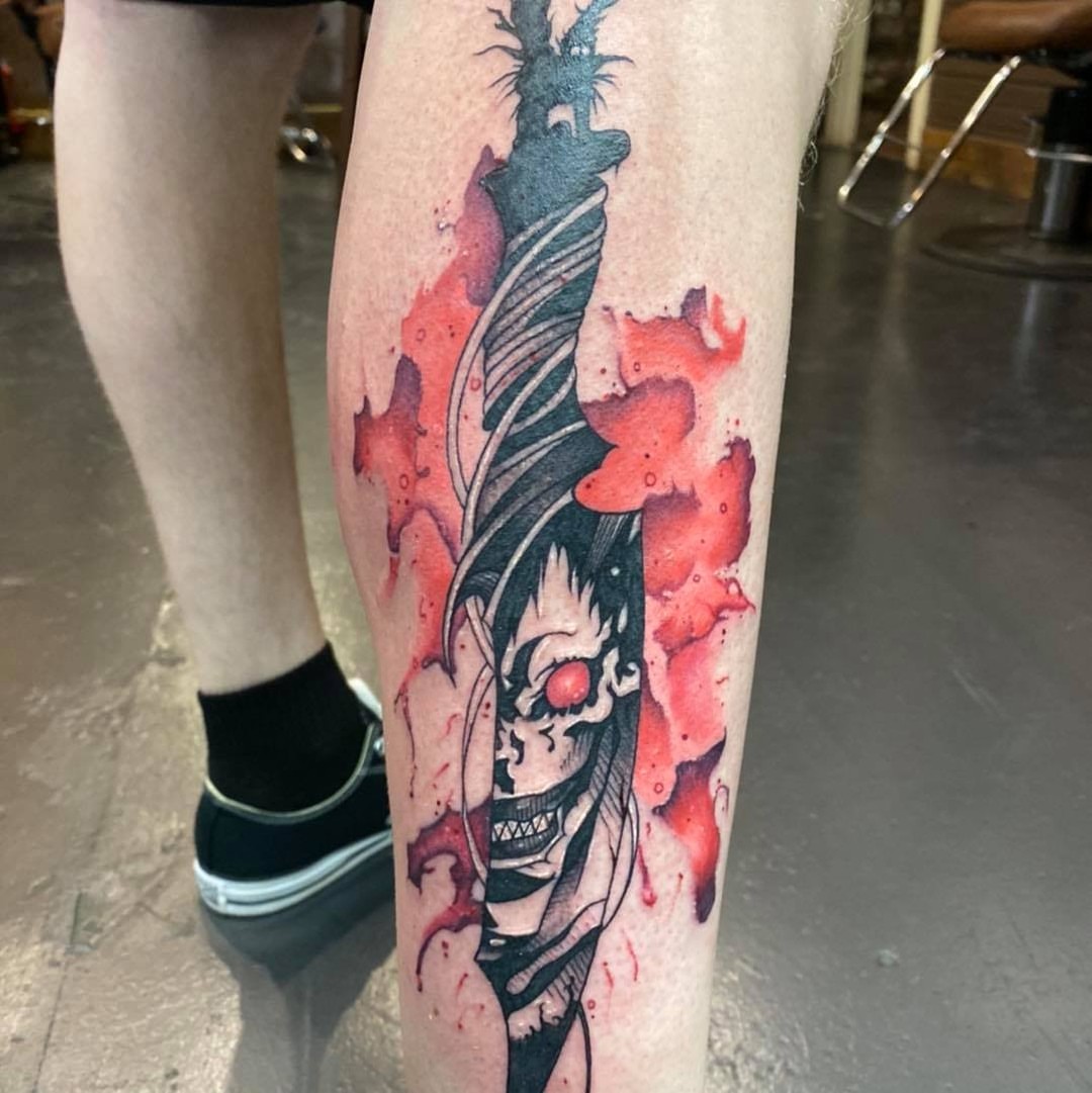 Anime character anime tattoo on the calf by Valen Laska