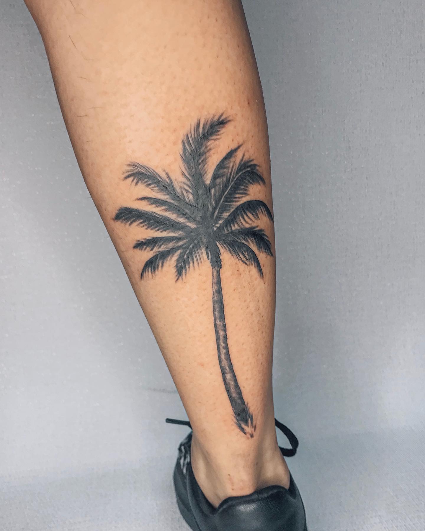 Palm tree black and grey tattoo on the calf by Annie Overchuk