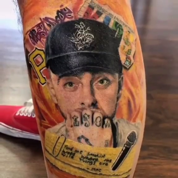 Mac Miller portrait with album art realism tattoo by Kevin Bradley Jr, Mesa, Arizona