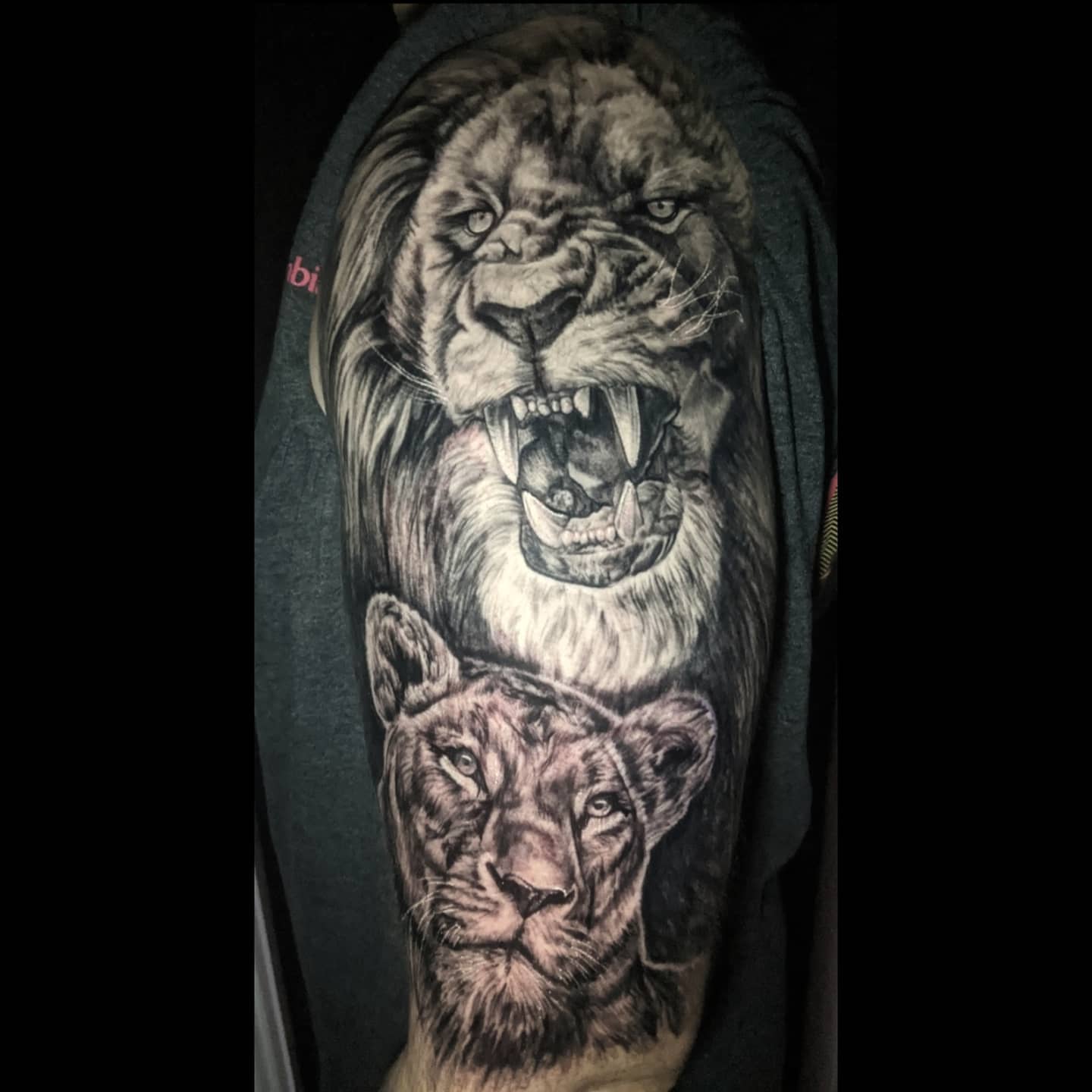 Lion and lioness realism tattoo on the forearm by Elidia Veliz