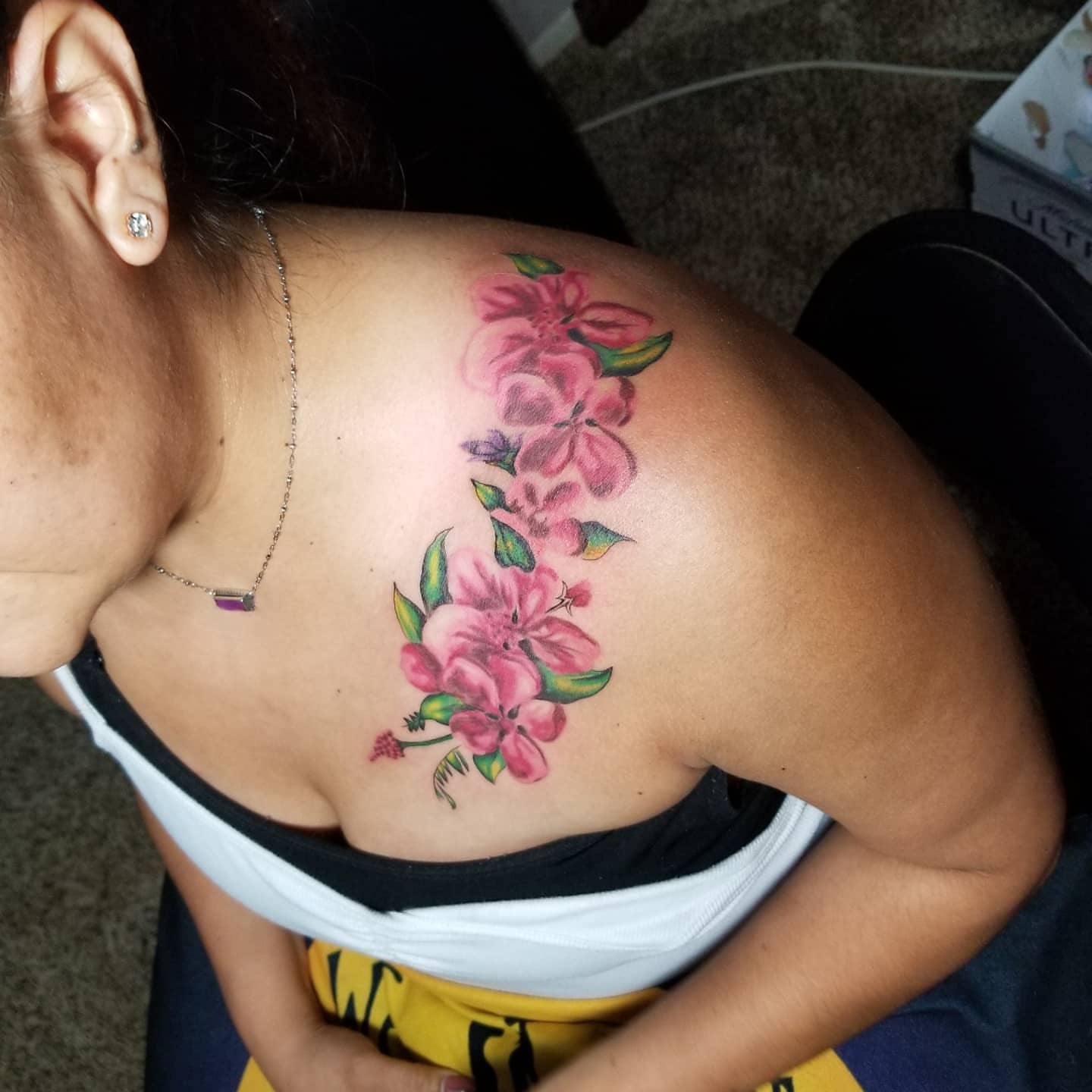 Cherry blossoms new school tattoo on the shoulder by Miguel-C, Houston, Texas