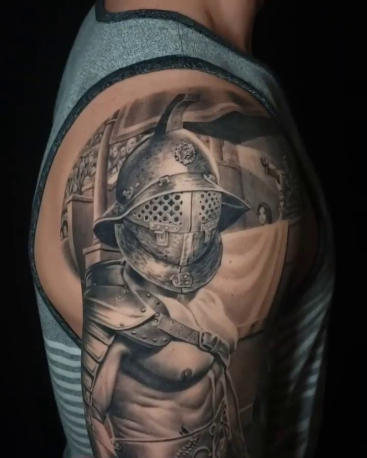 Gladiator in armor realism tattoo by Walt Watts, Salt Lake City, Utah