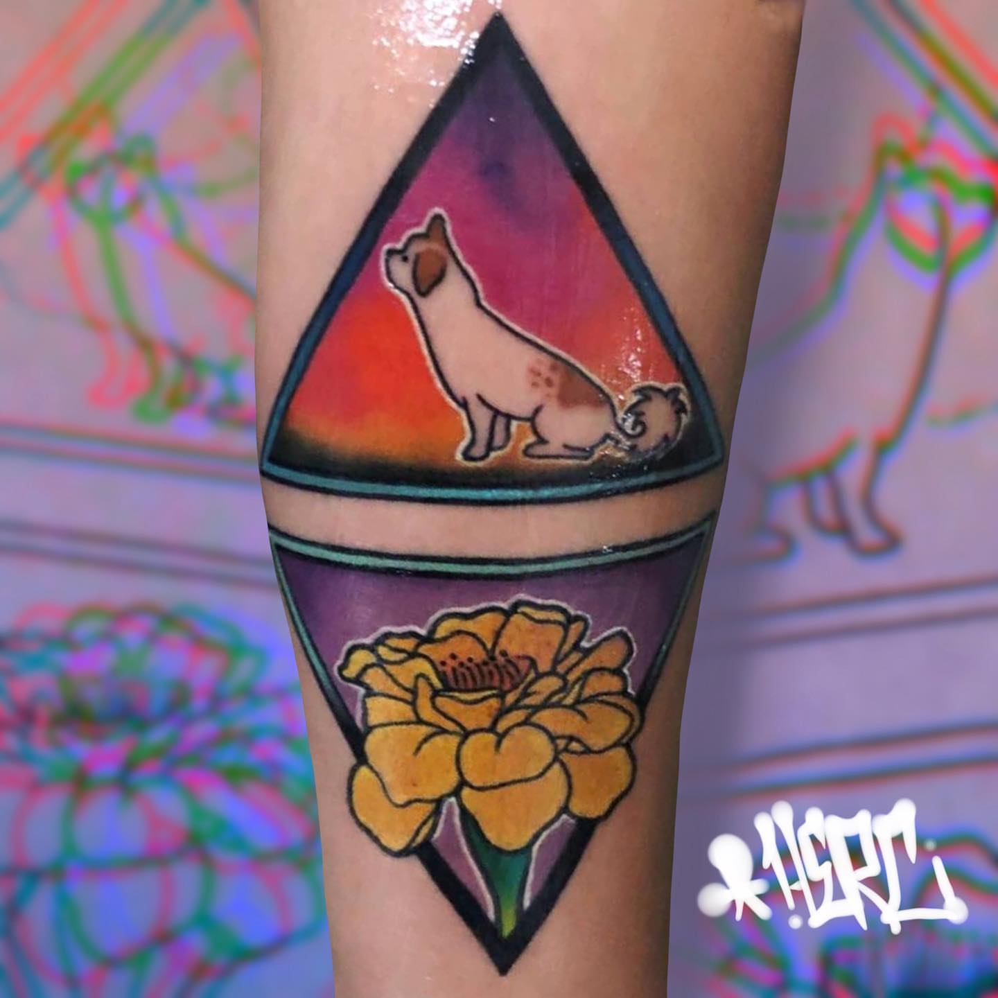 Dog and flower geometric tattoo on the forearm by Herc