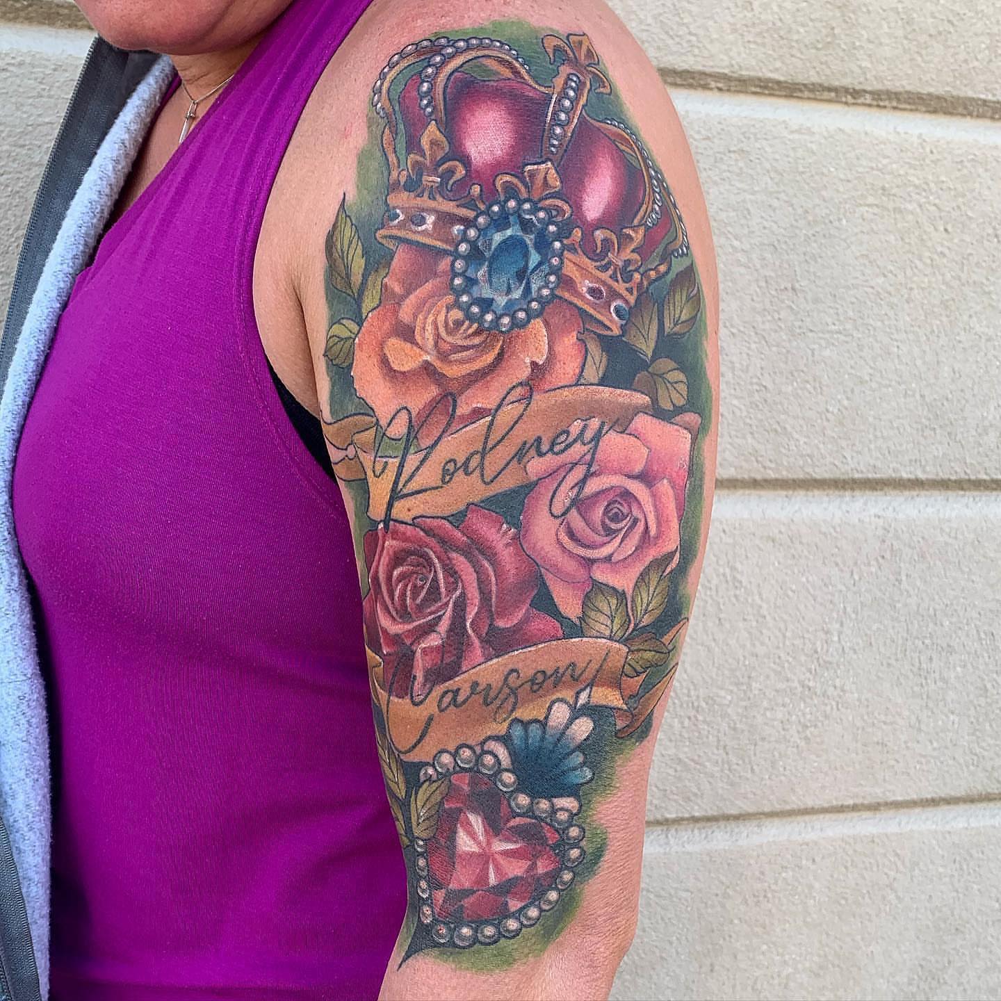 Roses and crown American traditional tattoo on the forearm by Paul Hicks