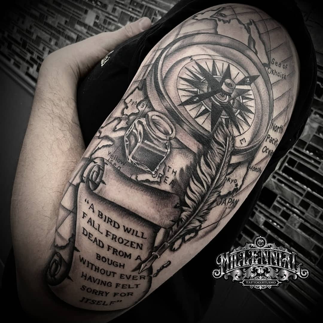 Compass and scroll realism tattoo on the forearm by 🇲🇽Angelique Ortiz🇺🇲, Sugar Hill, Georgia