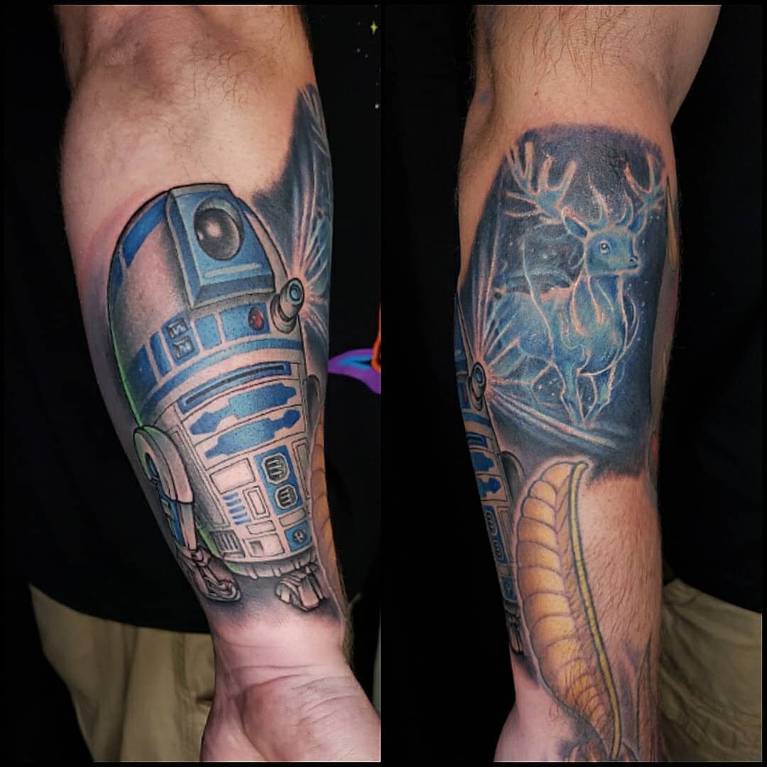 R2-D2 and deer realism tattoo on the forearm by Don Taylor
