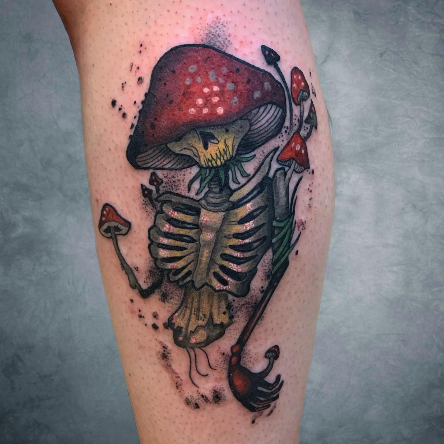Mushroom skeleton dotwork tattoo on the thigh by Briana Walker