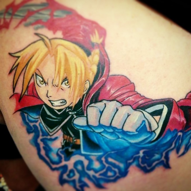 Edward Elric anime tattoo on the thigh by Saint Jimmy