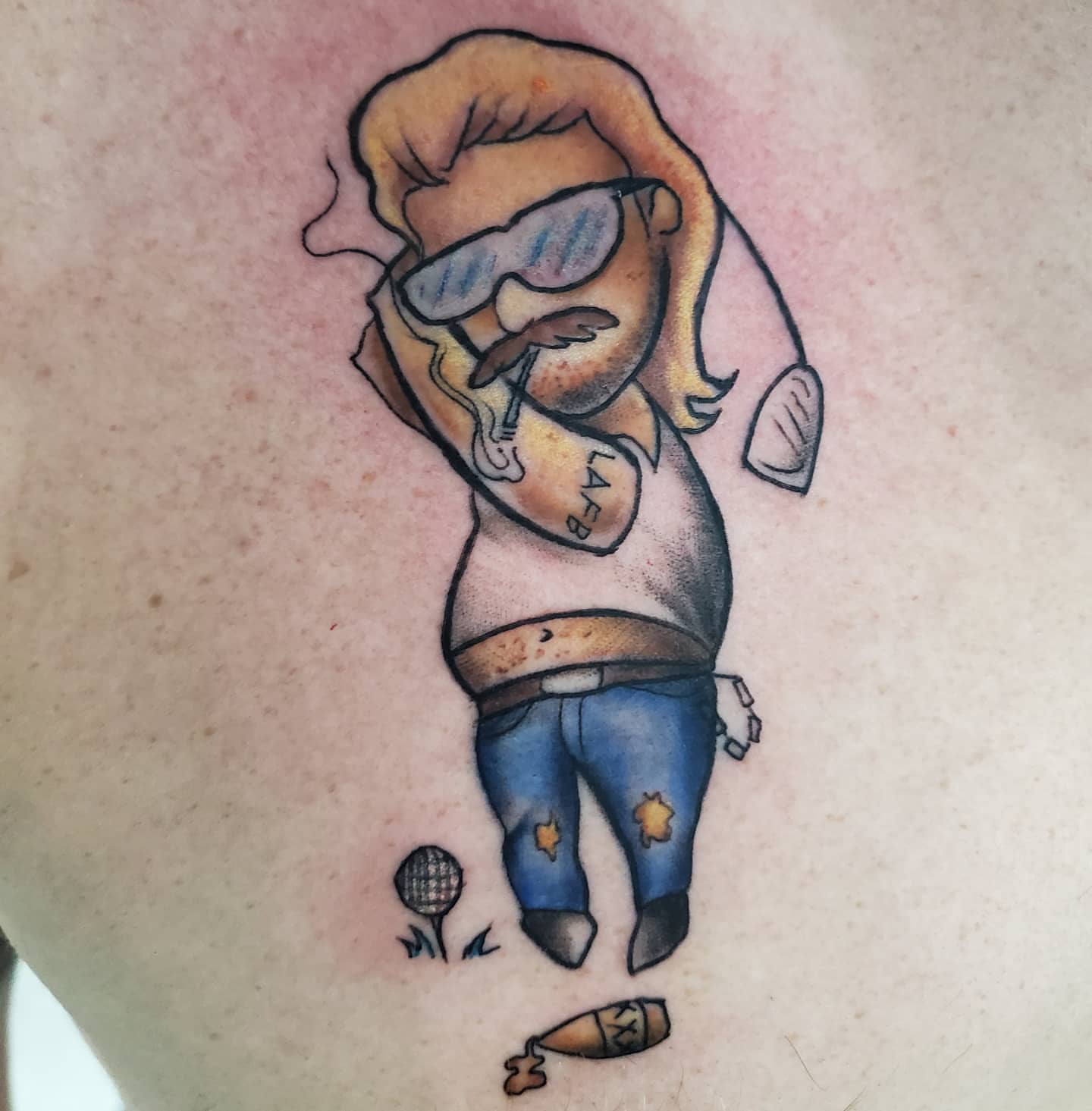 Fat man smoking realism tattoo on the thigh by David Nash, Evansville, Indiana