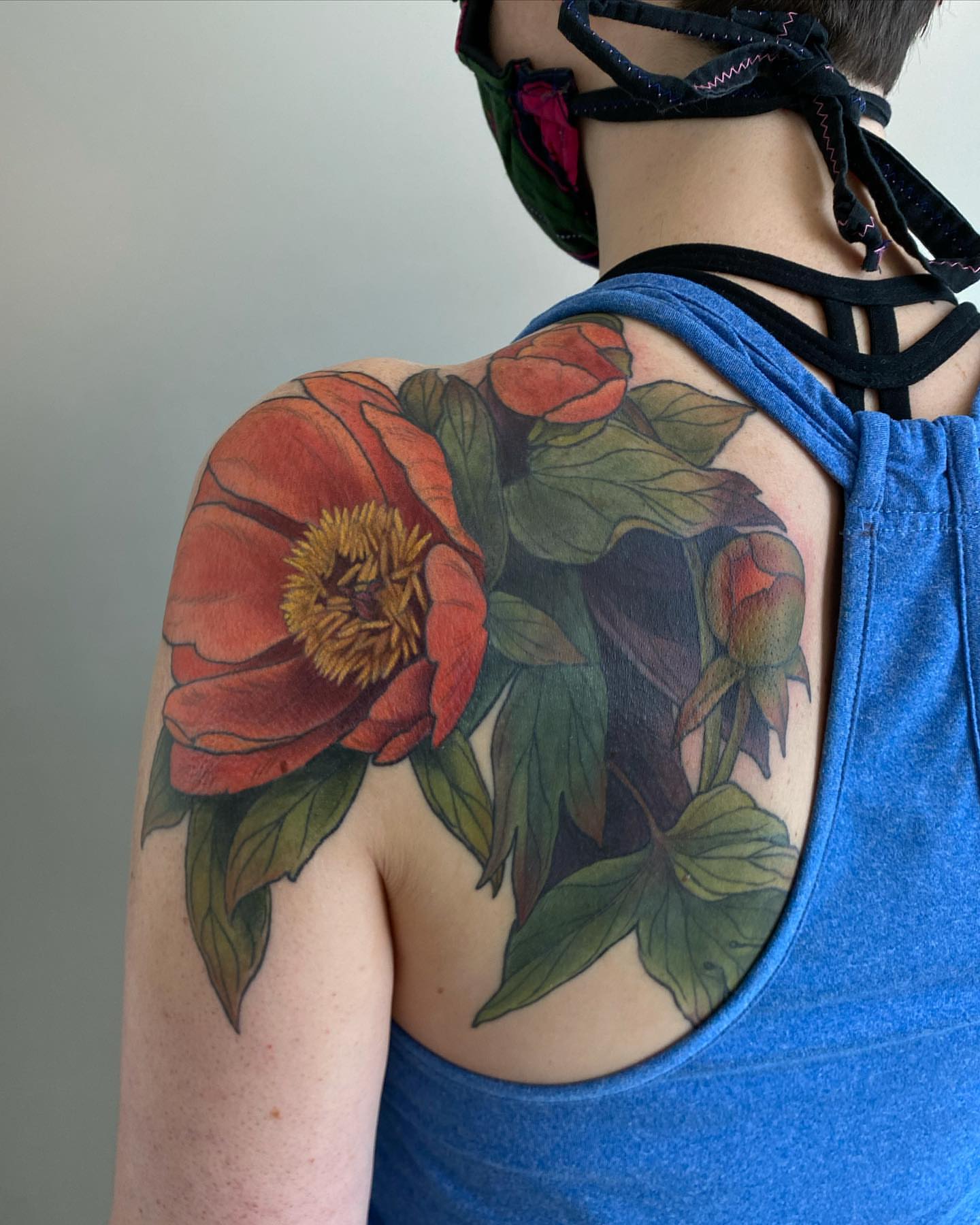 Peony realism tattoo on the shoulder by Rusty Indigo