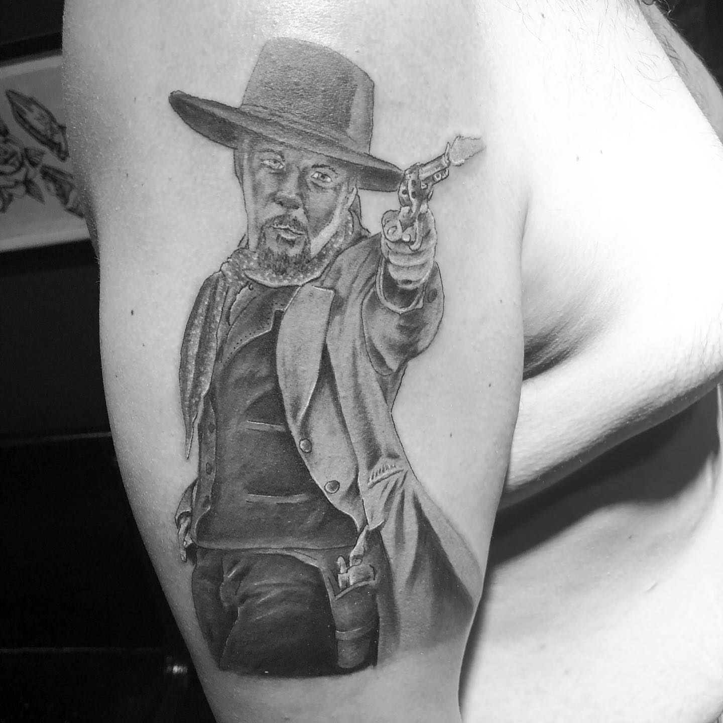 Cowboy with gun realism tattoo on the forearm by A.W.