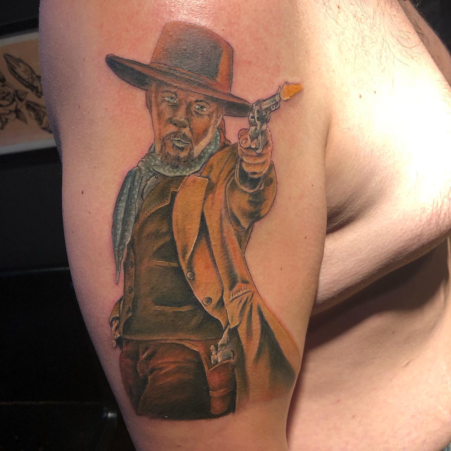 Cowboy with gun realism tattoo on the forearm by A.W.