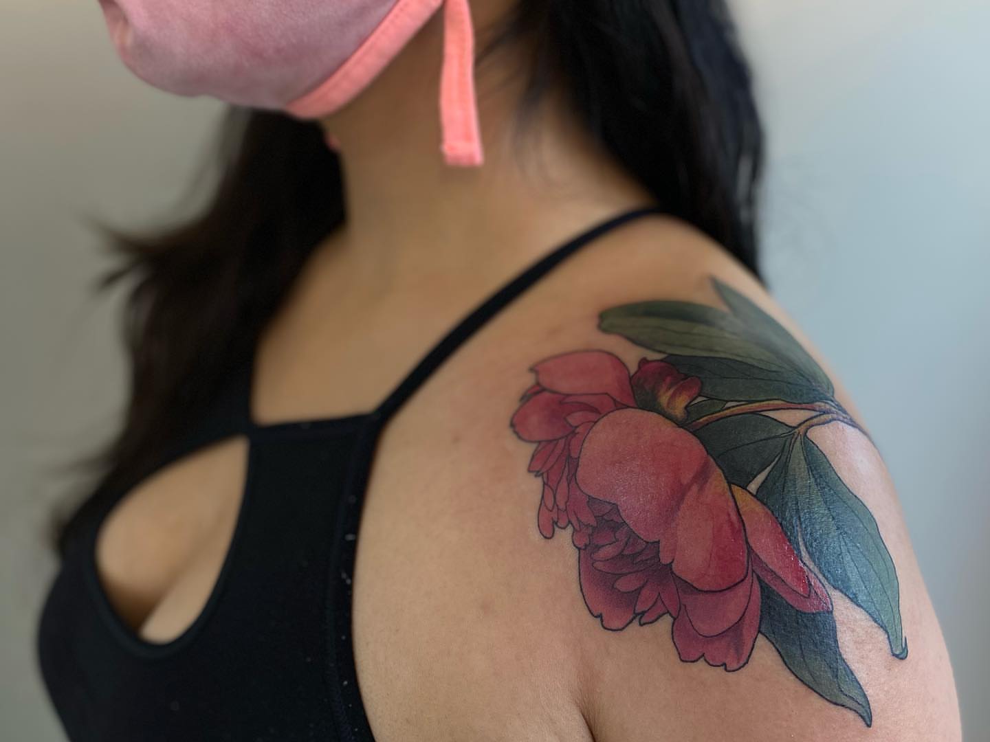 Peony realism tattoo on the shoulder by Rusty Indigo