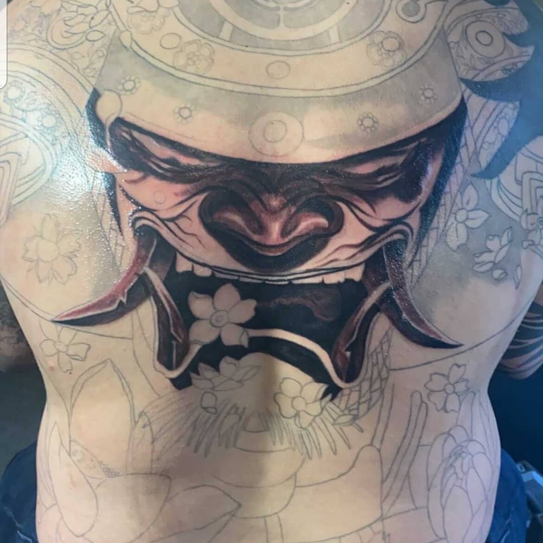 Mask japanese irezumi tattoo on the chest by Miguel-C, Houston, Texas