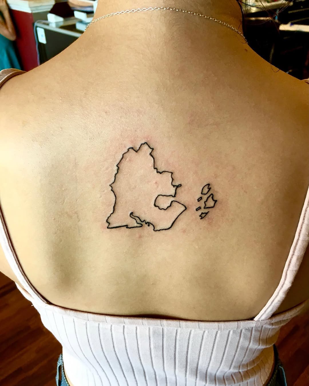 Map outline minimalist tattoo on the back by Rhonda Faber Green