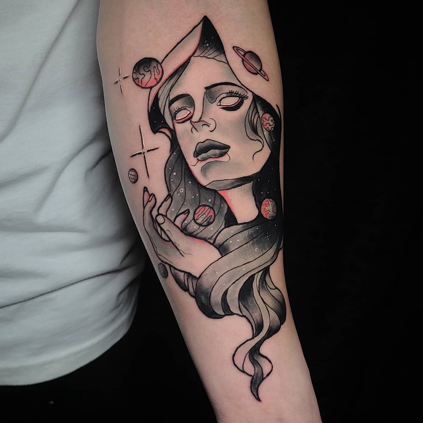Astronaut woman American traditional tattoo on the forearm by ๐๐ฌ๐ฐ๐ฅ ๐๐ฌ๐ฌ๐ซ