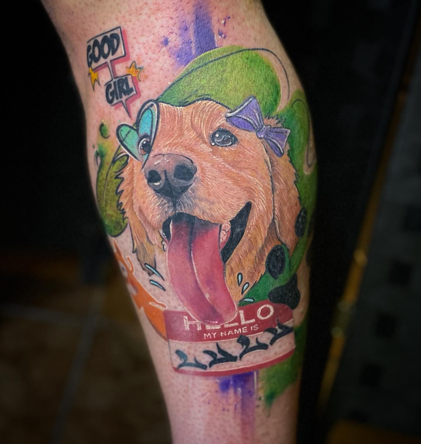 Dog realism tattoo on the forearm by Amber
