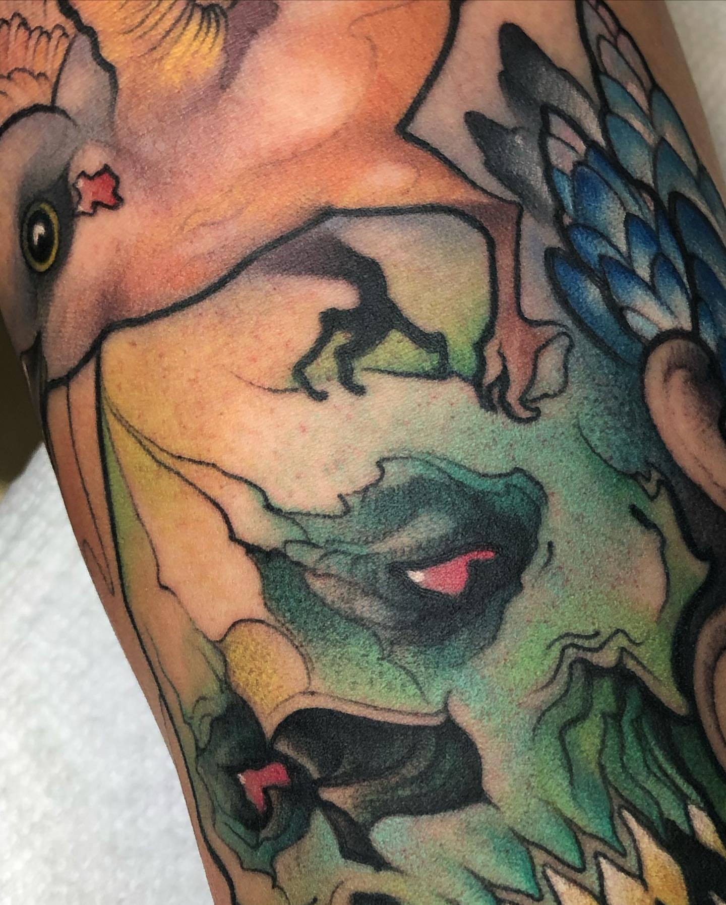 Monster American traditional tattoo on the forearm by ceci✨, Edinburg, Texas
