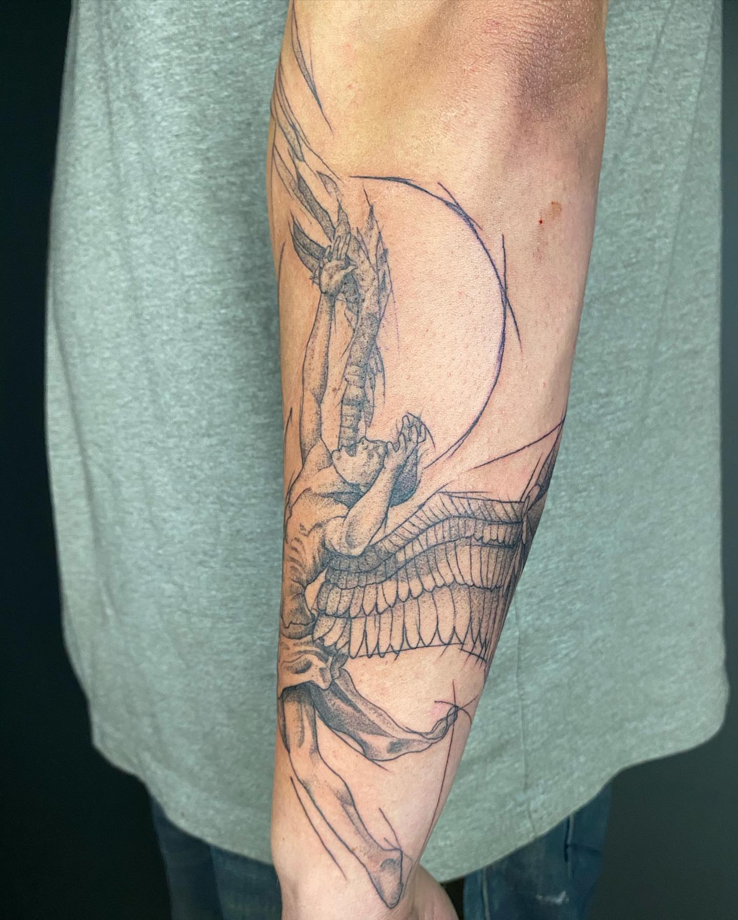 Bird black and grey tattoo on the forearm by Paige Jean