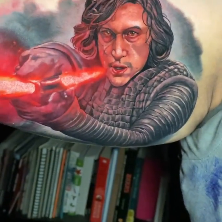 Kylo Ren with lightsaber realism tattoo by Abel Deida