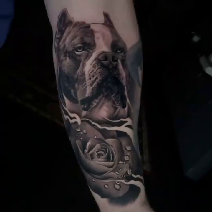 Dog and roses realism tattoo by Travis Chick
