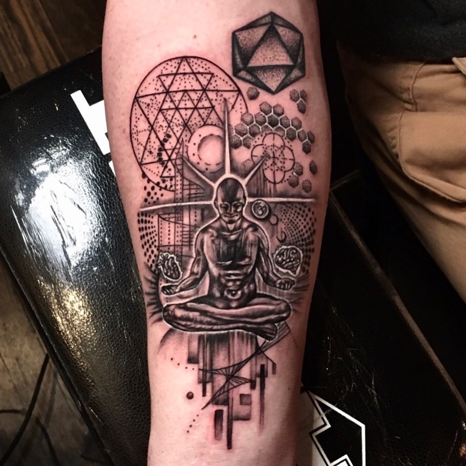 Meditation pose dotwork tattoo on the forearm by Ray Marie