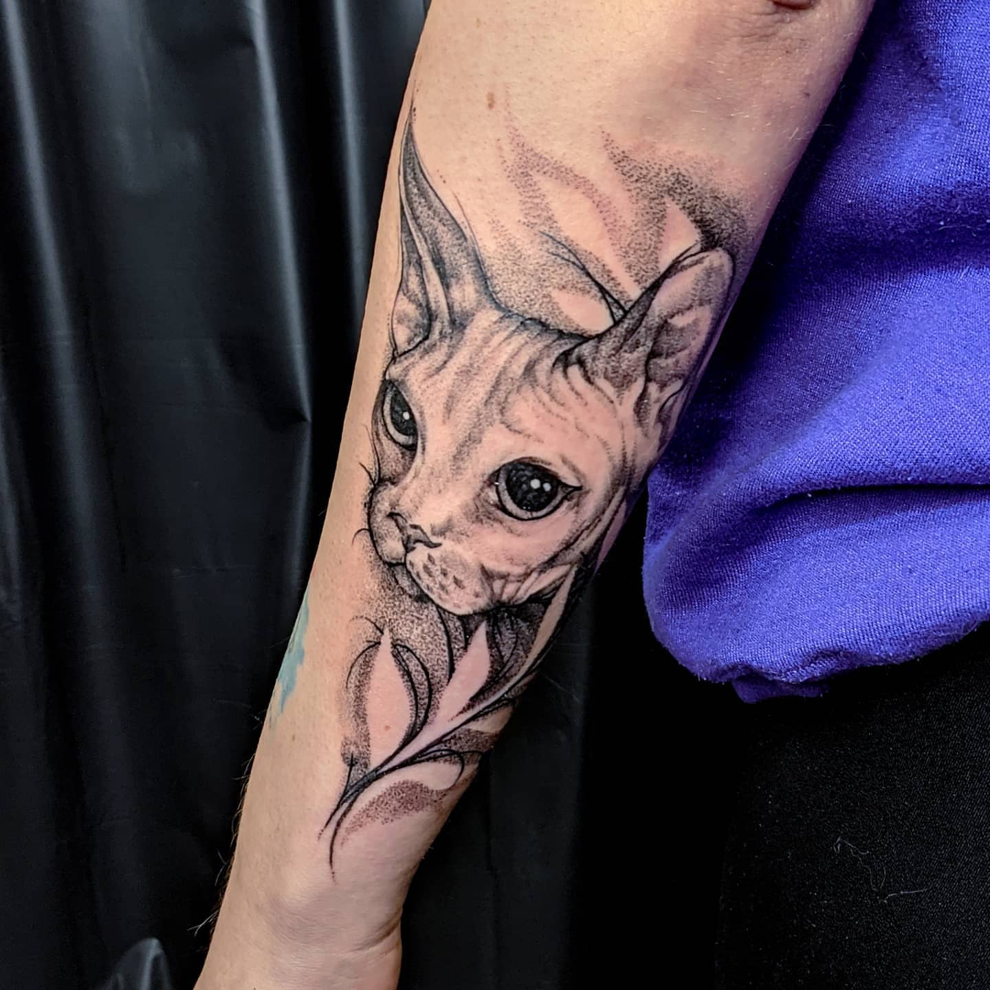 Cat dotwork tattoo on the forearm by Gail Howard Perry III