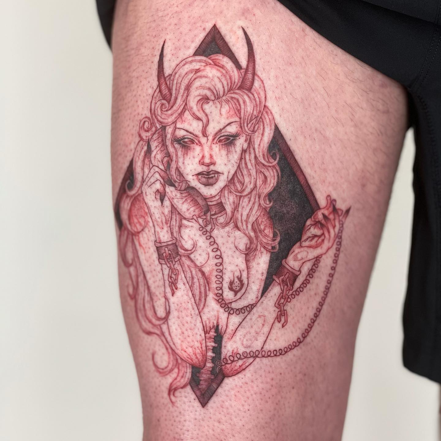 Demon woman dotwork tattoo on the thigh by @jettaturas, New City, New York