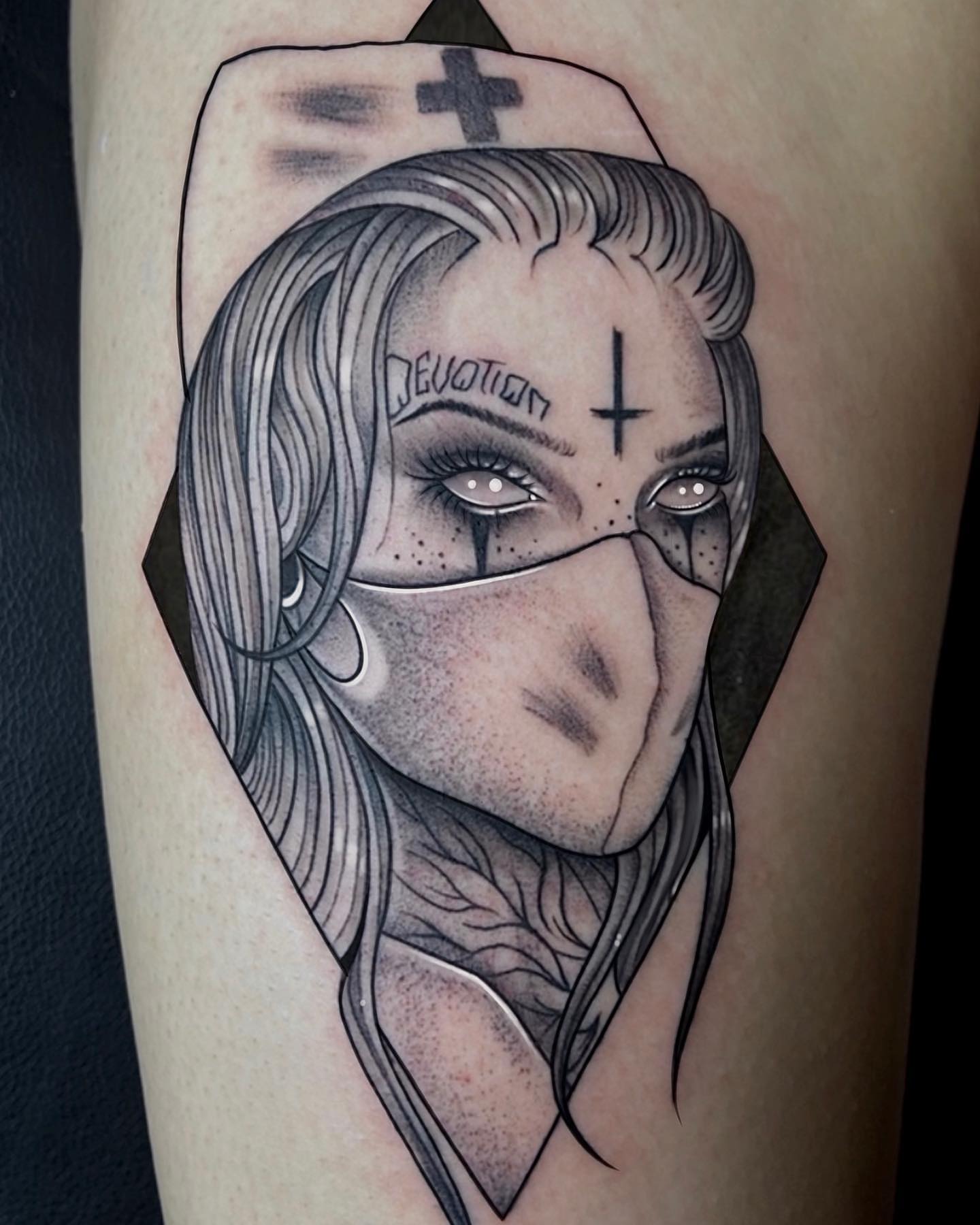 Nurse wearing mask realism tattoo on the thigh by Jayden A