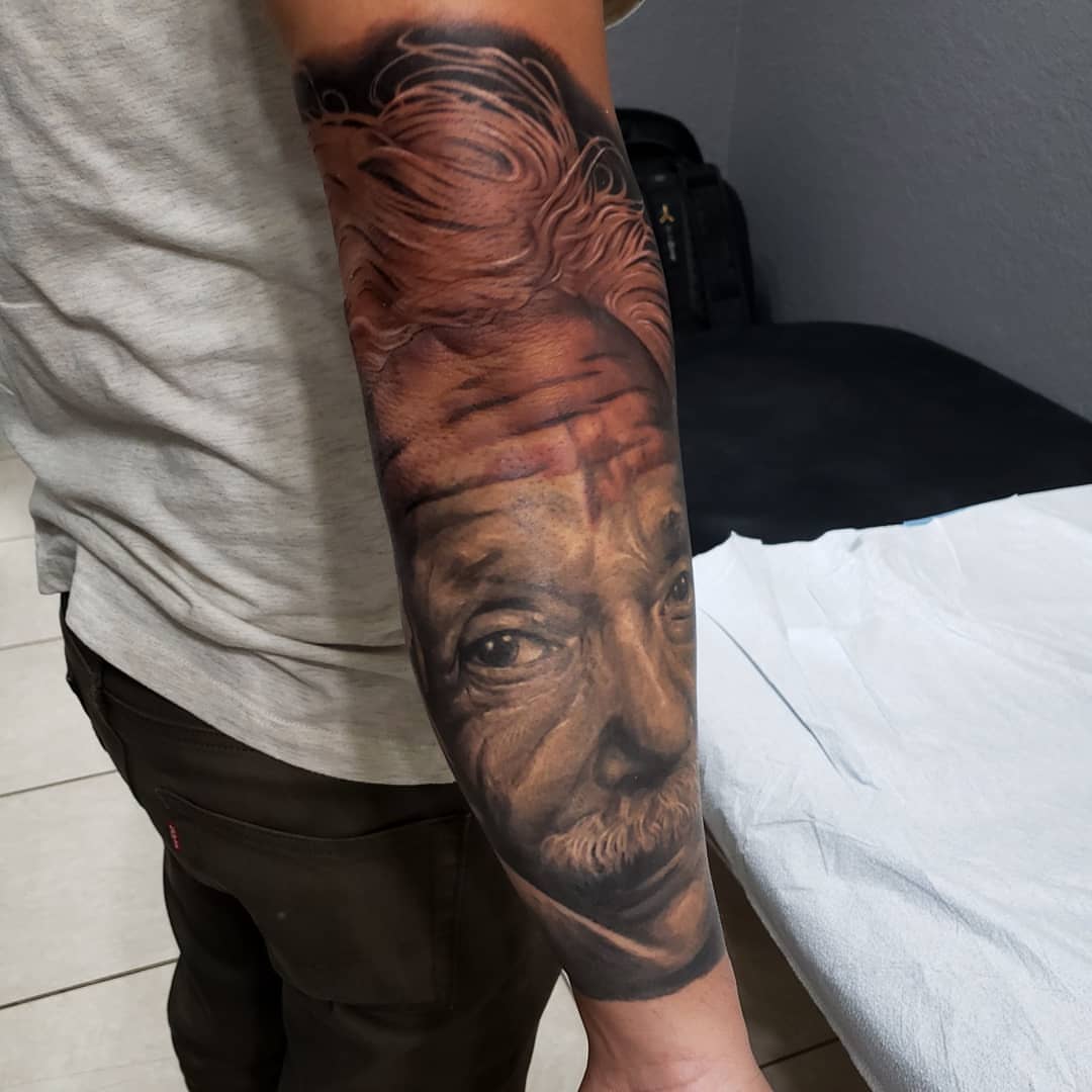 Old man realism tattoo on the forearm by @doctorze