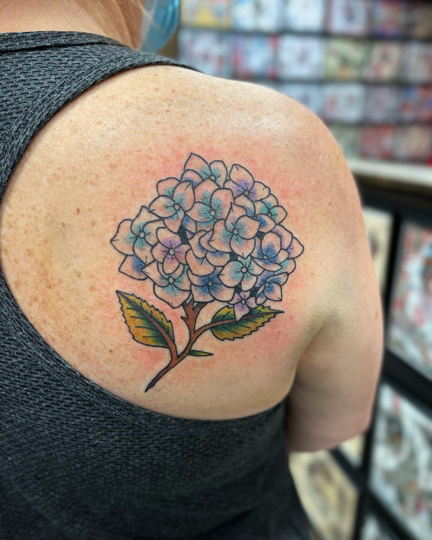Hydrangea American traditional tattoo on the shoulder by Jake Snoddy, Franklin, Tennessee