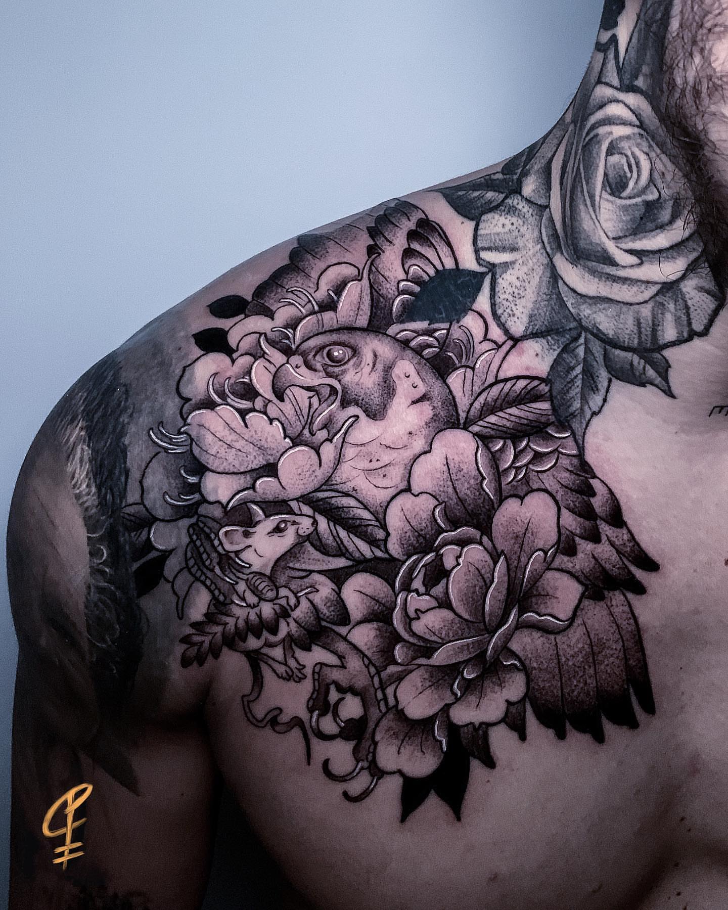 Peony and bird dotwork tattoo on the shoulder by Christian Pelaez