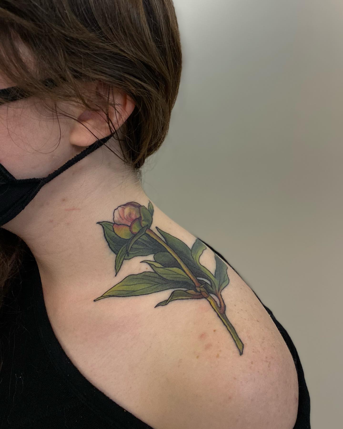 Peony realism tattoo on the shoulder by Rusty Indigo