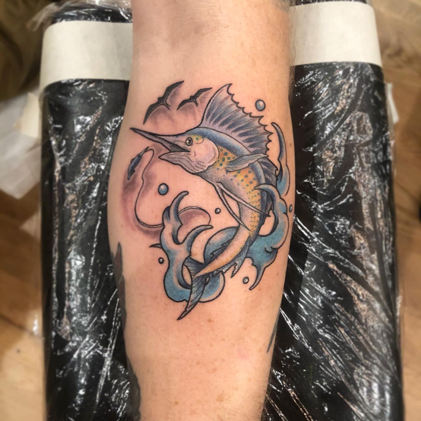Marlin American traditional tattoo on the forearm by Zack Havoc