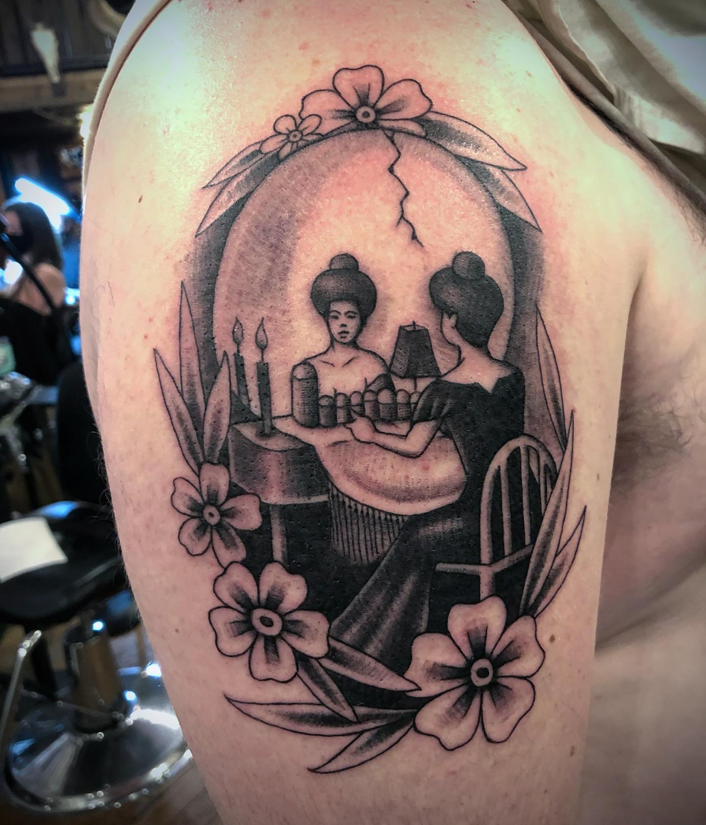 Geisha and tea ceremony American traditional tattoo on the shoulder by Dave Shurman
