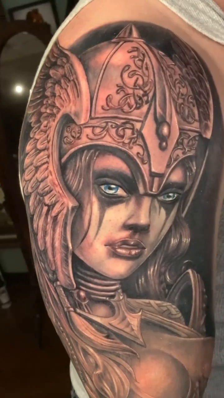Valkyrie portrait realism tattoo by Albuquerque Tattoo Artist, Albuquerque, New Mexico