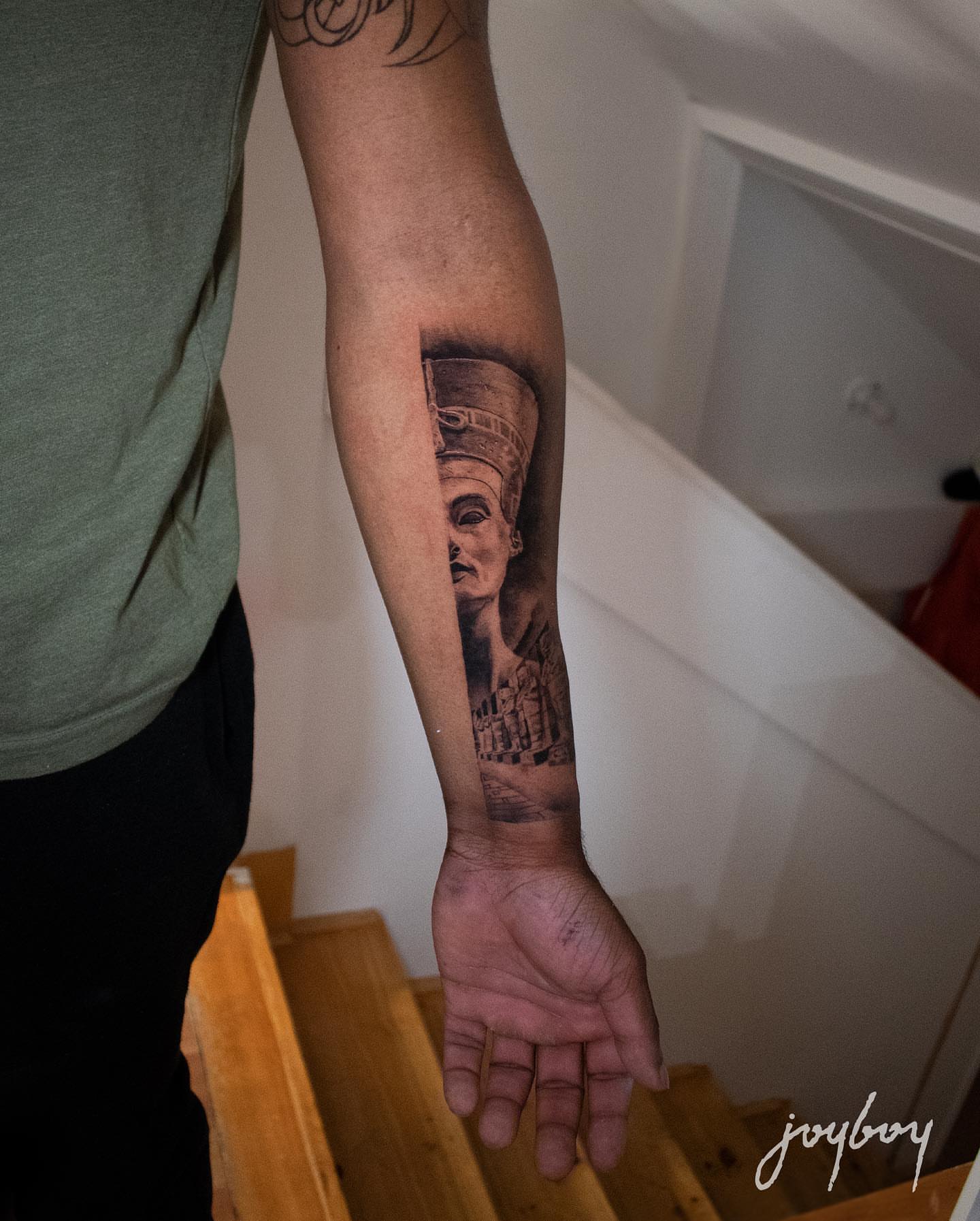 Statue realism tattoo on the forearm by Joel: Boston Tattoo Artist, Boston, Massachusetts