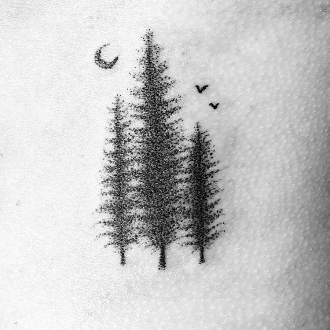 Three trees with moon and birds tattoo by Rhonda Faber Green