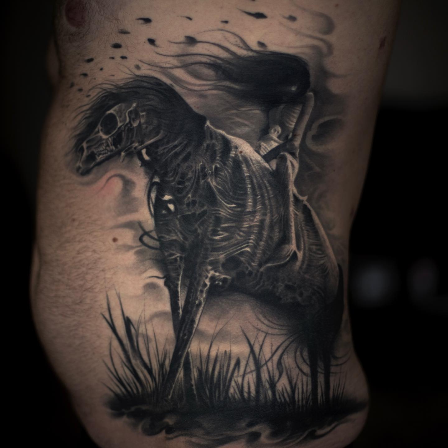 Skeleton horse realism tattoo on the thigh by Victor Portugal Tattoo