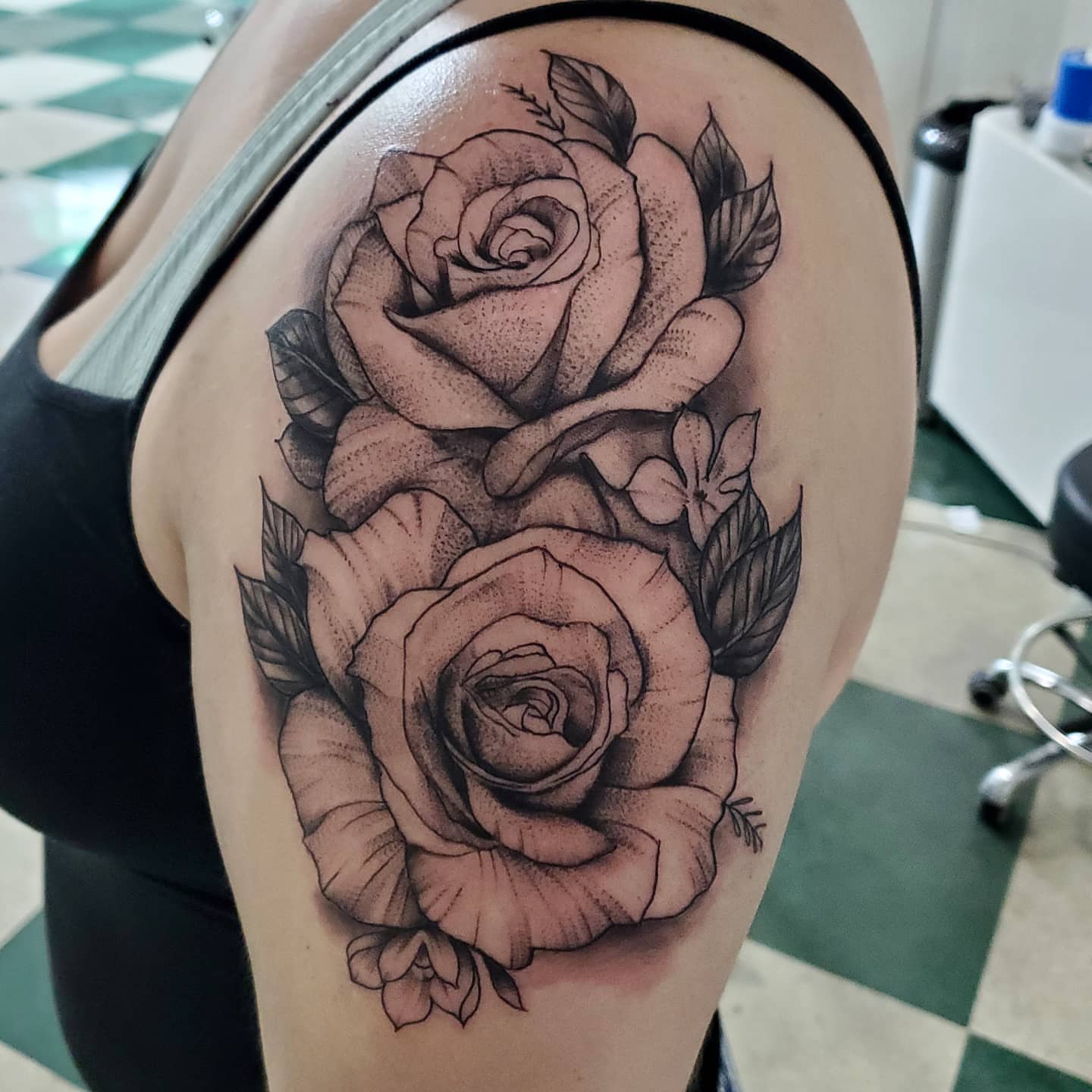 Roses dotwork tattoo on the shoulder by David Nash, Evansville, Indiana
