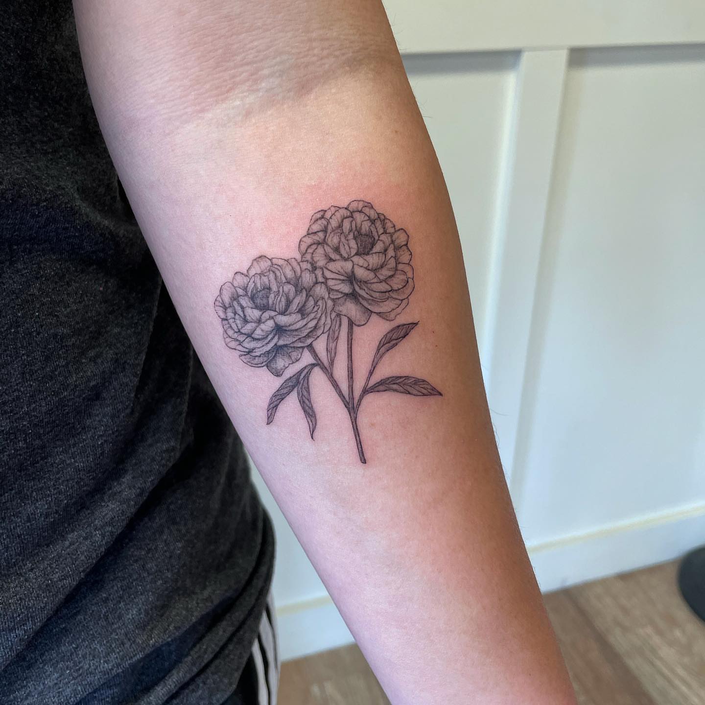 Peony flowers black and grey tattoo on the forearm by eugene k 🌈, San Francisco, California