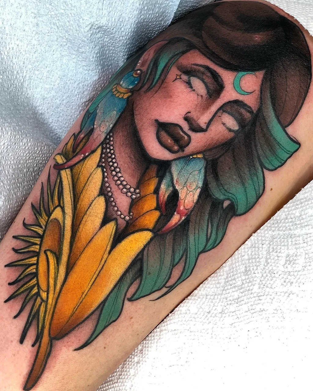 Sleeping woman with sunflower American traditional tattoo on the forearm by ✤ ᴋɪʀᴀ ᴋɴᴏᴡʟᴛᴏɴ ✤